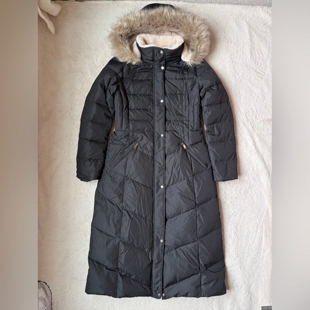 NWOT Lauren Ralph Lauren Black Long Down Puffer Coat Fur Trim Women Size Small